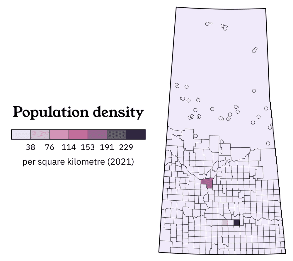 Map showing a simple overview of the population density of Saskatchewan.