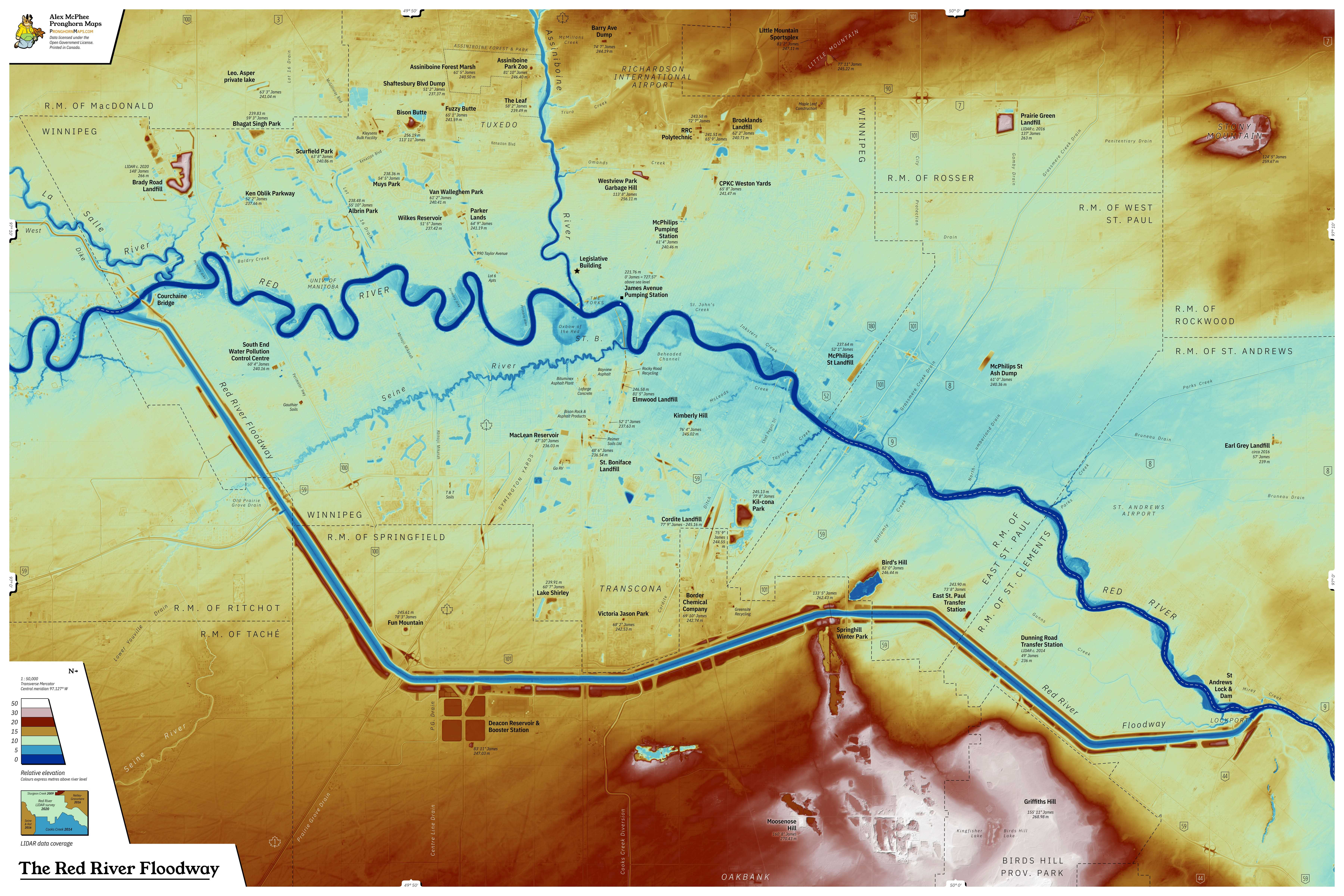 An extraordinarily detailed LIDAR elevation map of Winnipeg and the Red River Floodway. One pixel corresponds to just 4 meters on the ground.