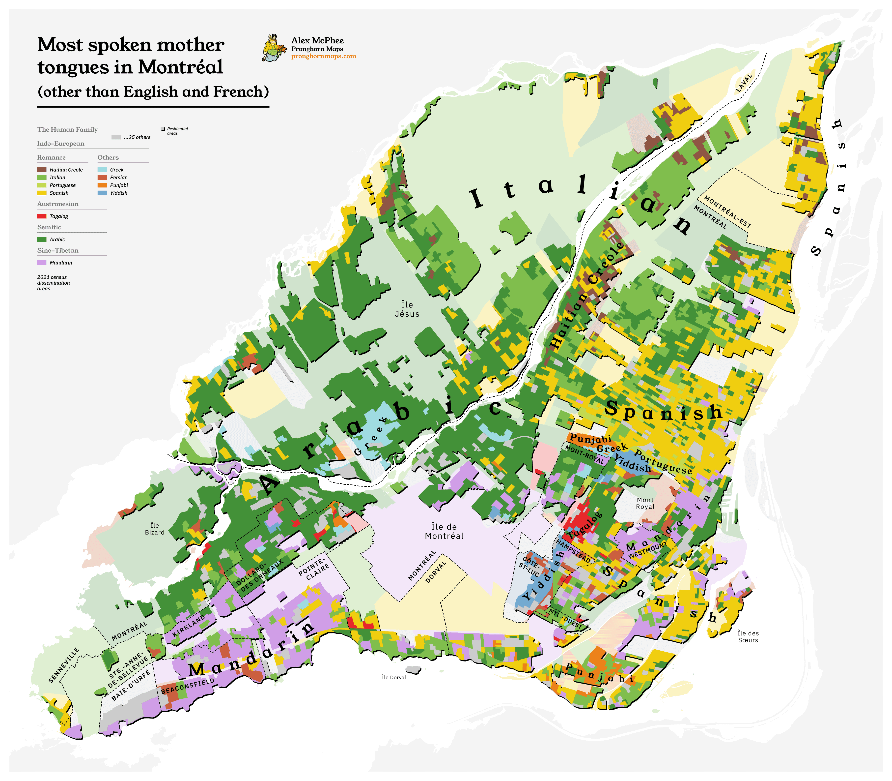 A colourful map of Montréal's most widespread languages. Accurate to the 2021 census.