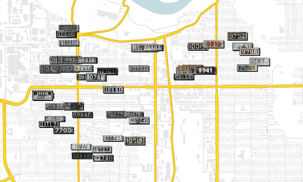 A map of 50 old house number plates in Old Strathcona.