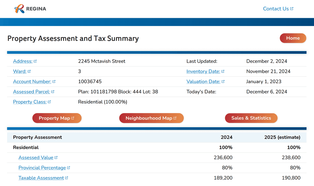 A City of Regina Property Assessment and Tax Summary.