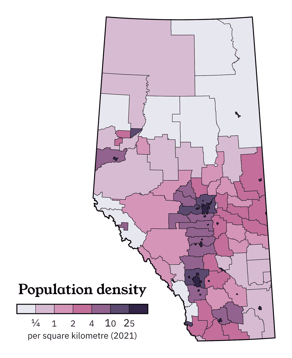 A 2021 population density map of Alberta.