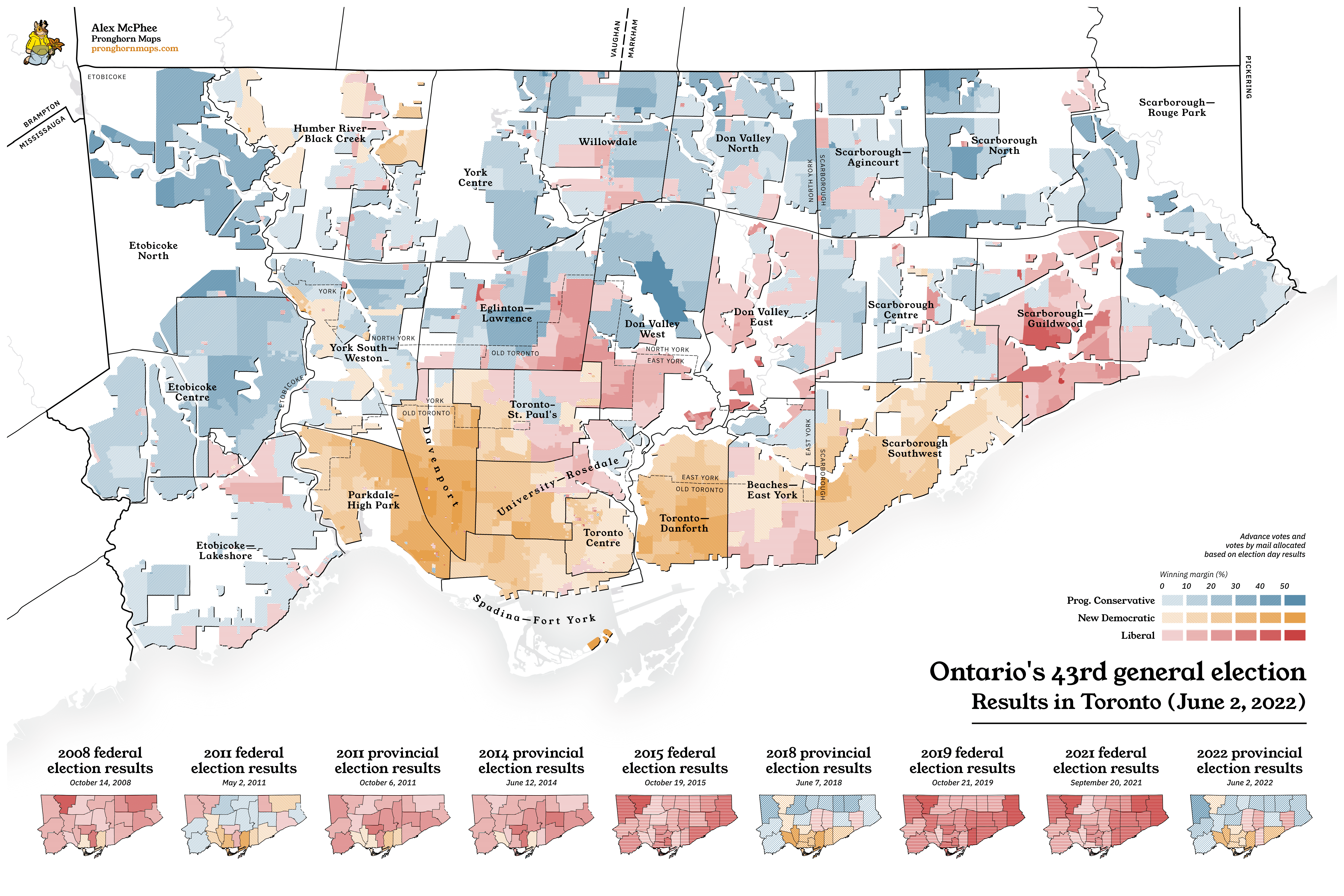 A colourful map of the 2022 provincial election in Toronto. The only election graphic that helpfully reminds you that nobody lives in Rouge Park! Pre-amalgamation municipal boundaries included!