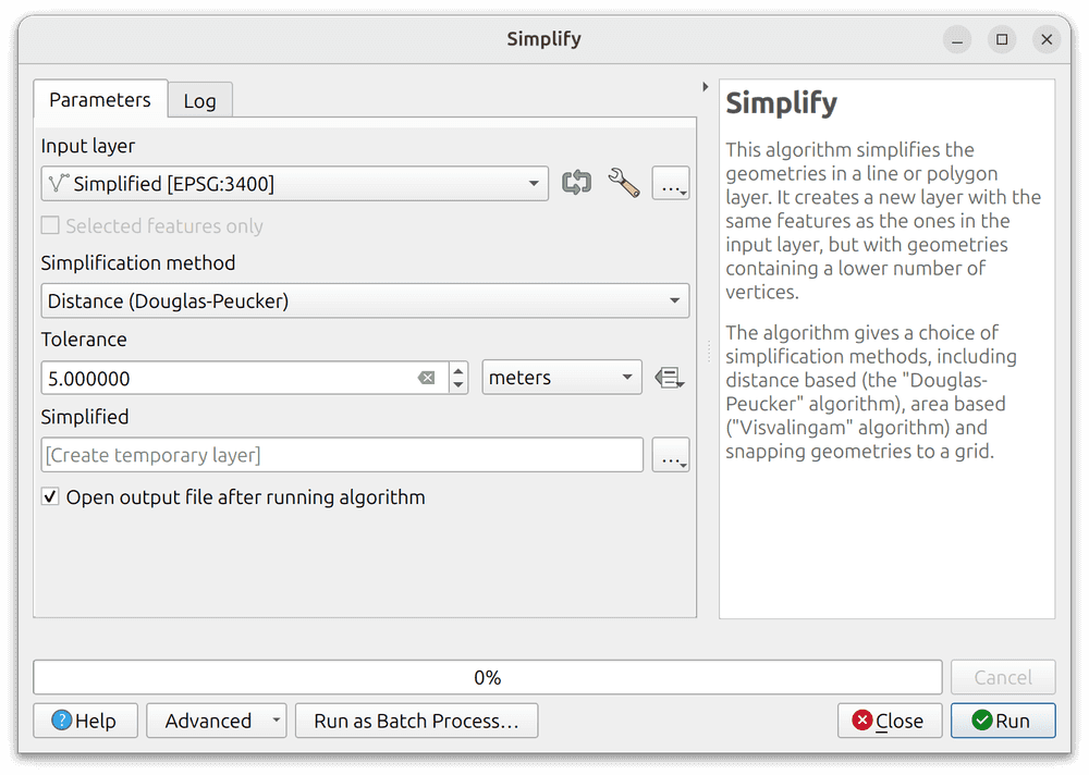 Screenshot of the QGIS Simplify algorithm.