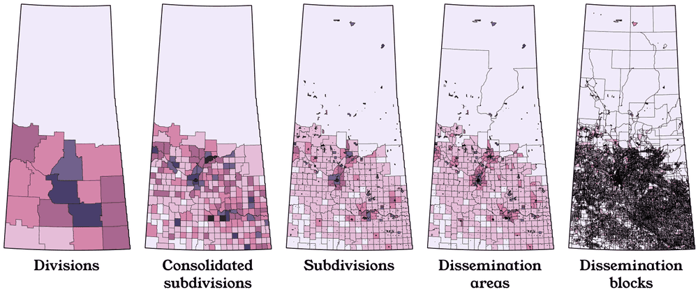 Five maps illustrating different Statistics Canada census data products in Saskatchewan.