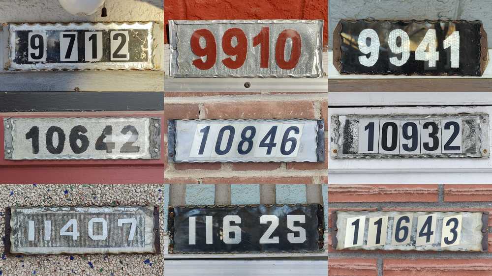 Nine old house number plates all showing extensive modification.