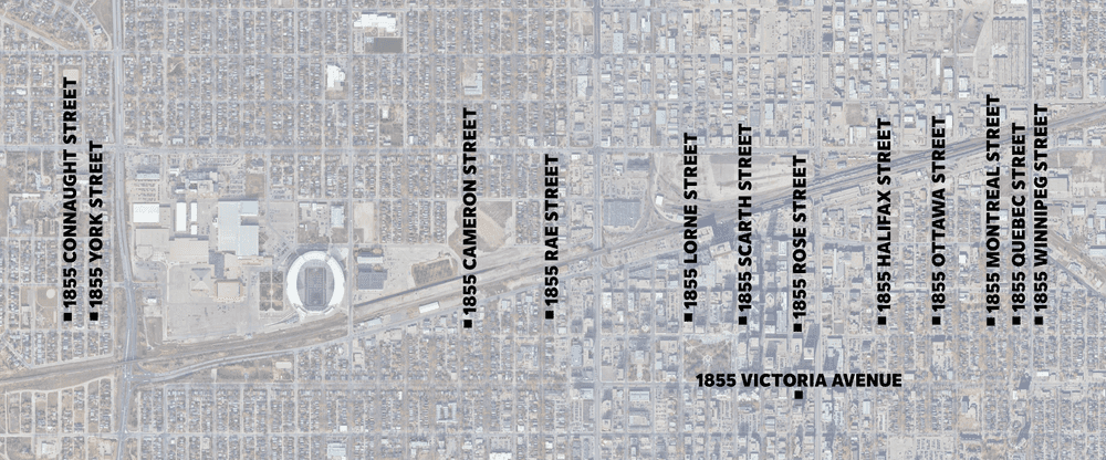 A map of every inner-city Regina address beginning with 1855.