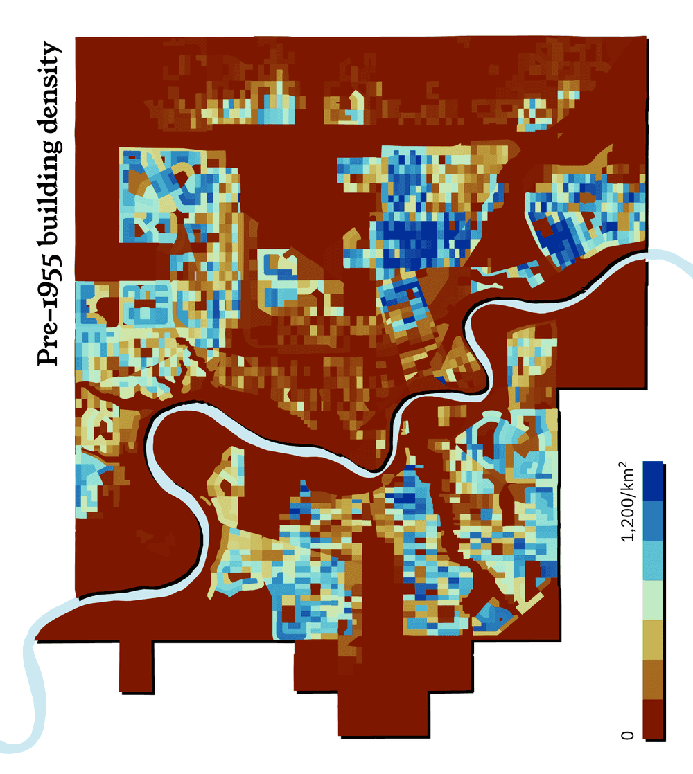 A map of buildings in Edmonton constructed before 1955.