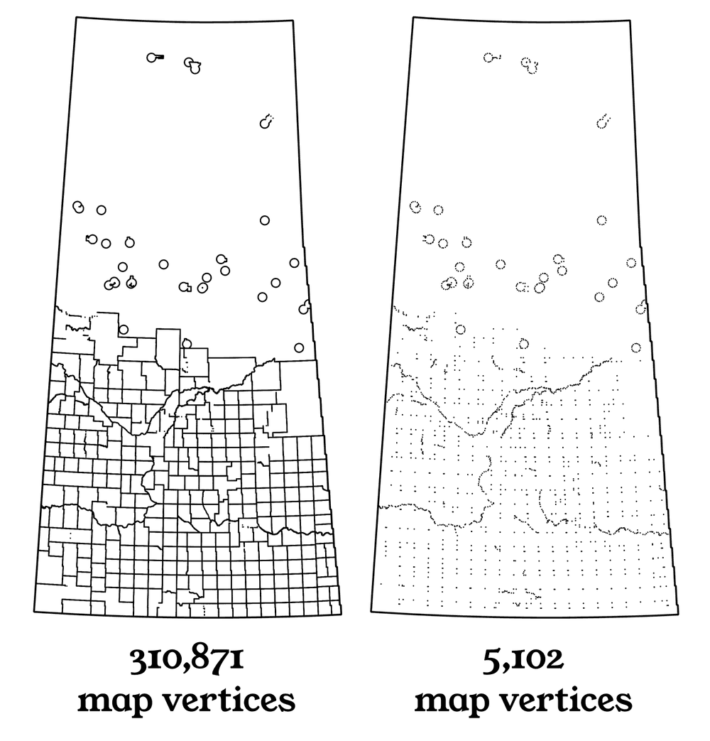 A comparison of two similar maps showing the result of running a simplification algorithm.