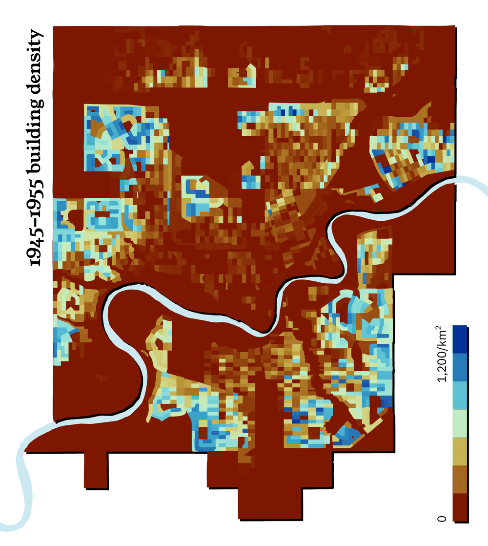 A map of buildings in Edmonton constructed between 1945 and 1955.