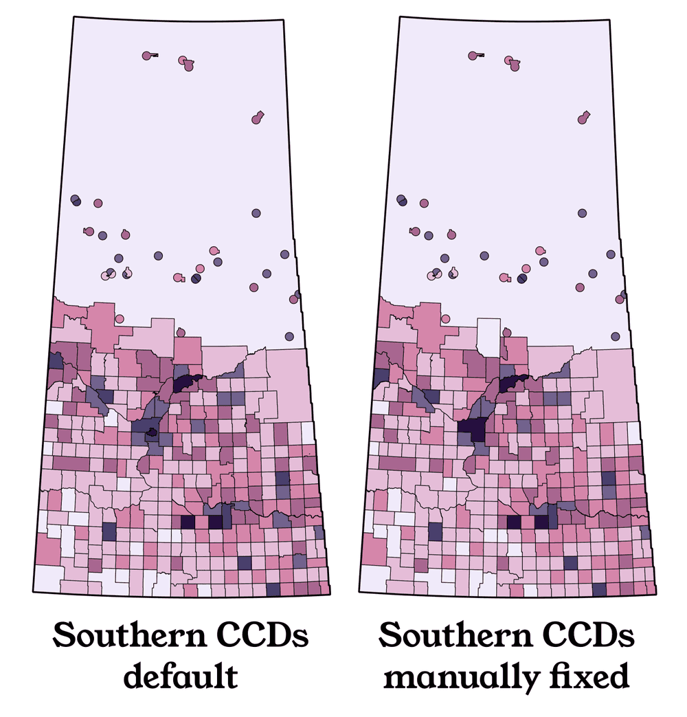 A comparison of two maps showing the minor changes that Alex made to the consolidated subdivision boundaries.