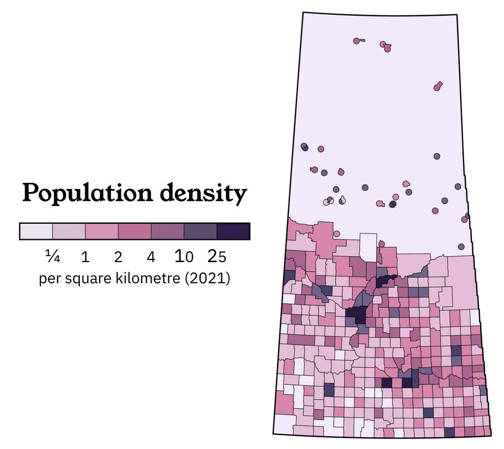 Map showing a simple overview of the population density of Saskatchewan.