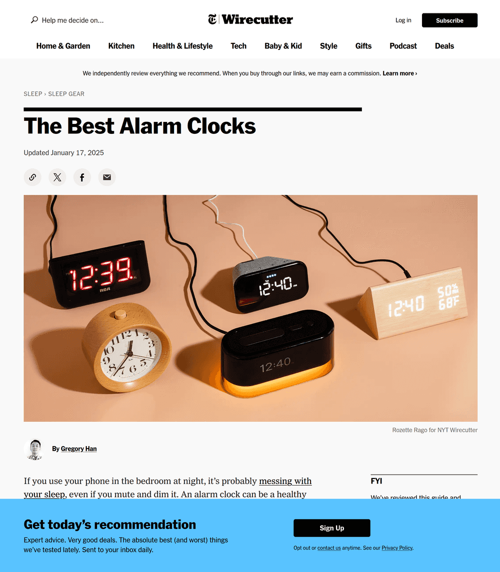 A screenshot of the New York Times Wirecutter's "Best Alarm Clocks" article.