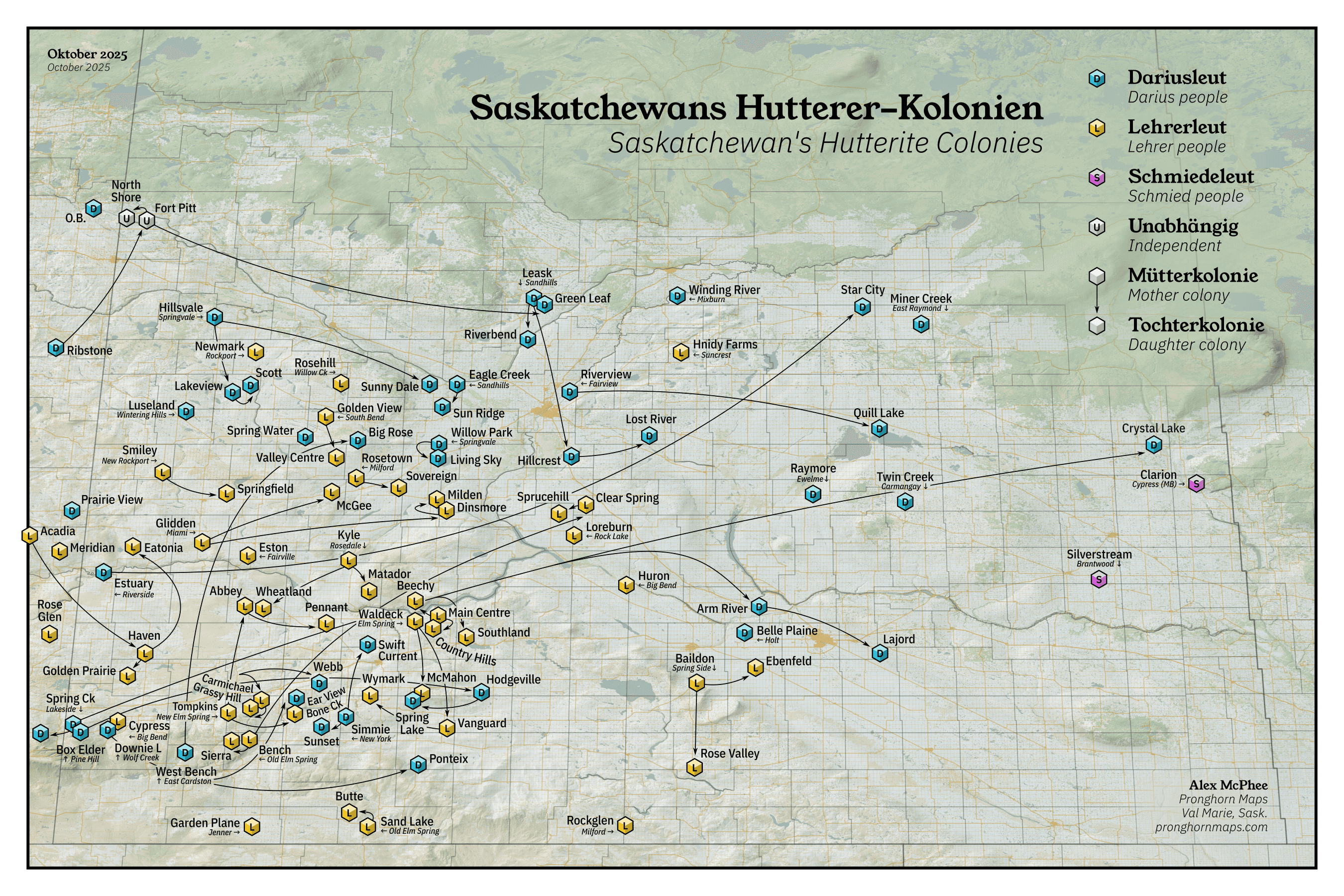 The only map showing the complex lineages of Saskatchewan's many Hutterite colonies. Accurate to 2025.