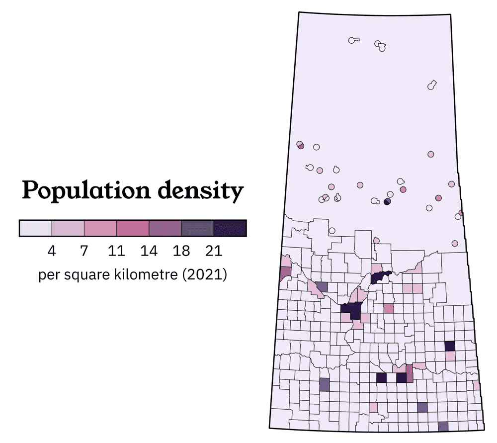 Map showing a simple overview of the population density of Saskatchewan.