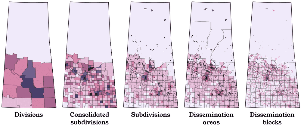 Five maps illustrating different Statistics Canada census data products in Saskatchewan.