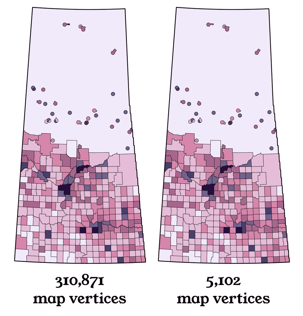 A comparison of two similar maps showing the result of running a simplification algorithm.