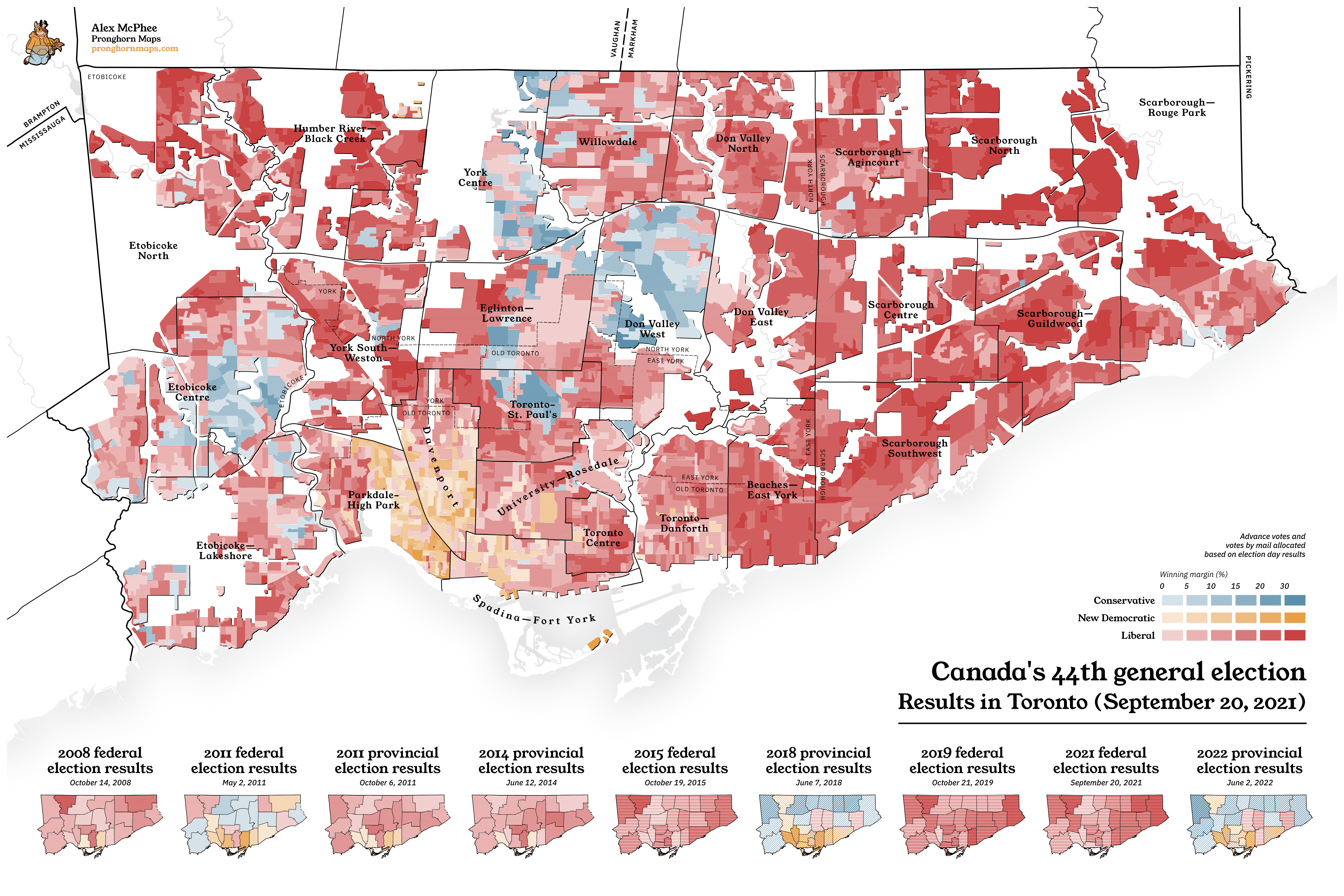 A colourful map of the 2021 federal election in Toronto. Useful for people who like to hang red things on their wall.