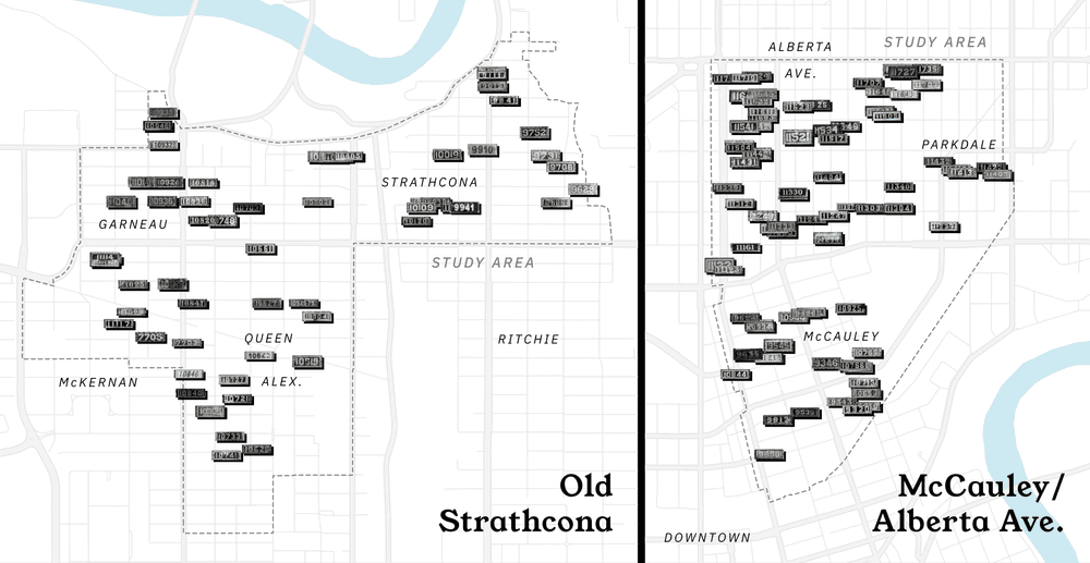 A map of all 139 observed house numbers in Edmonton.