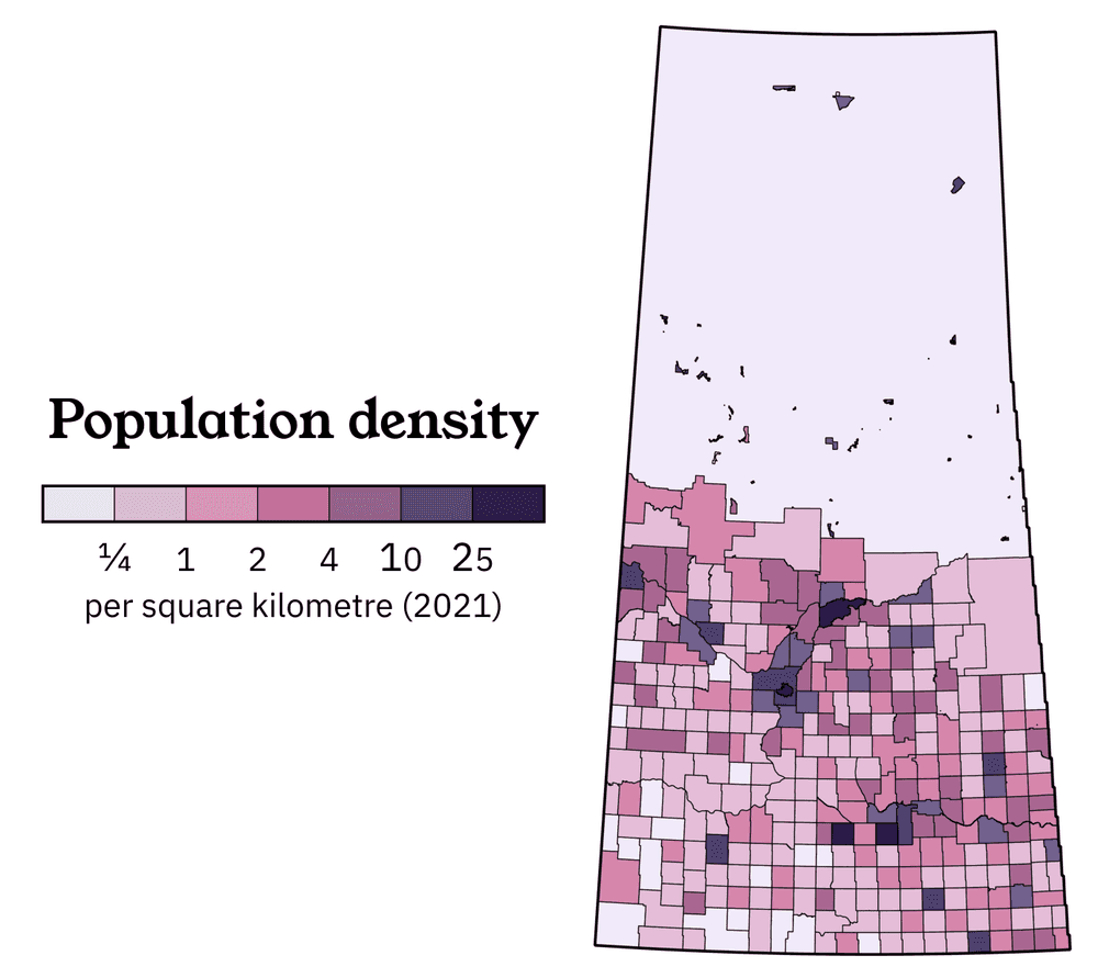 Map showing a simple overview of the population density of Saskatchewan.