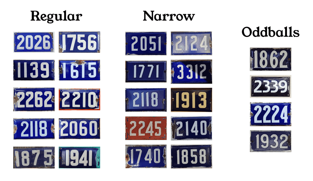 A comparison of different number plate styles.