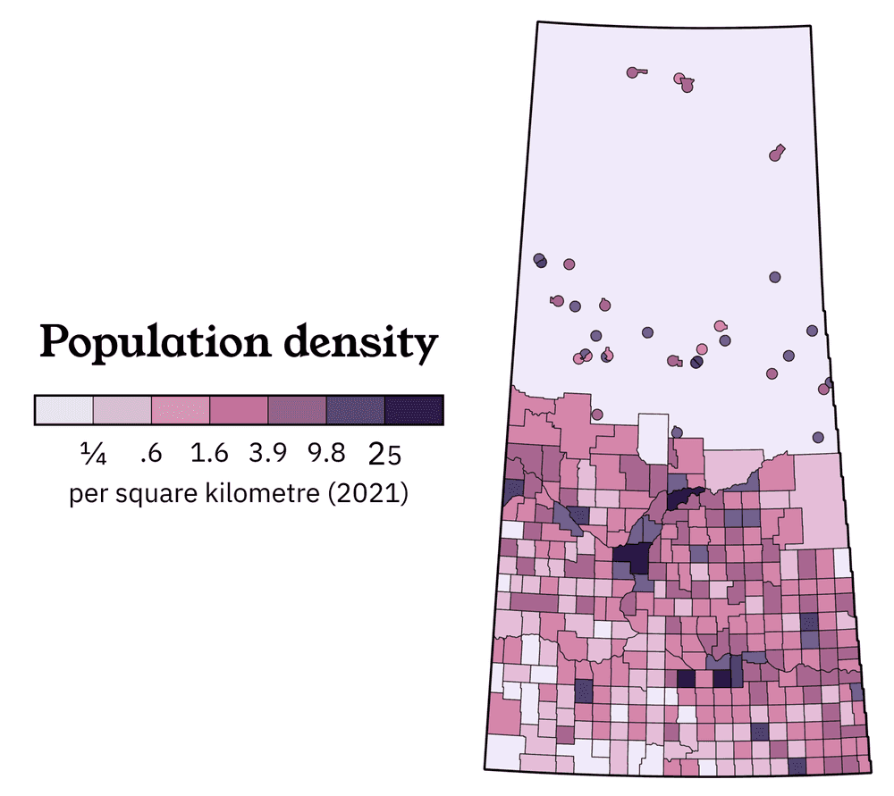 Map showing a simple overview of the population density of Saskatchewan.