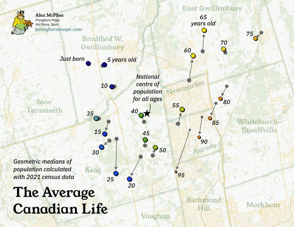 A version of the Average Canadian Life map showing an arrow connecting every 2016 dot to its 2021 equivalent.