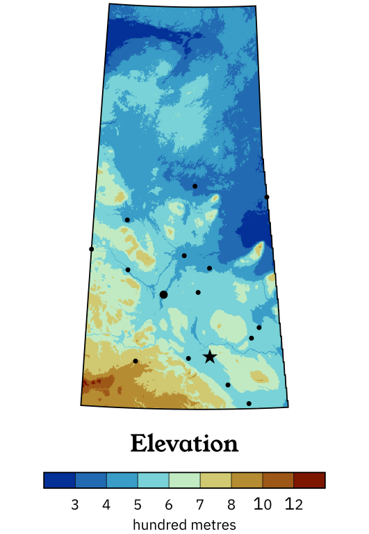 Small inset map showing the elevation of Saskatchewan