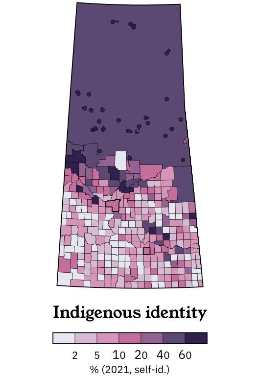 Small inset map showing the Indigenous population of Saskatchewan