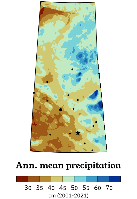 Small inset map showing the mean annual precipitation of Saskatchewan