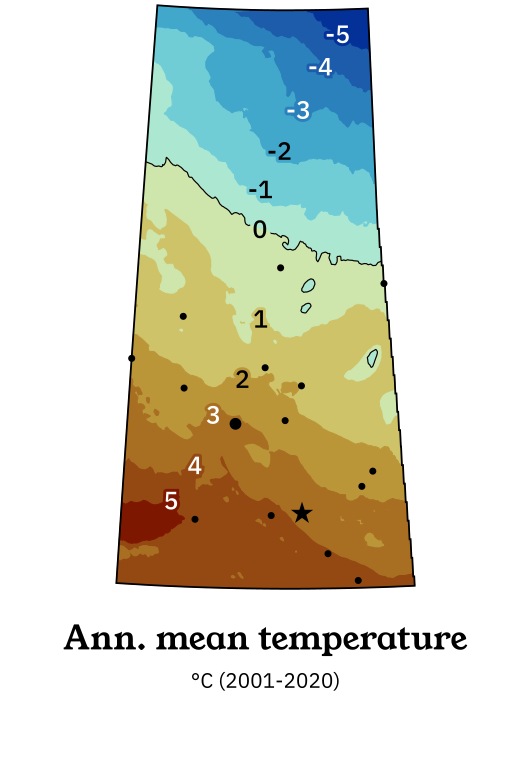 Small inset map showing the mean annual temperature of Saskatchewan