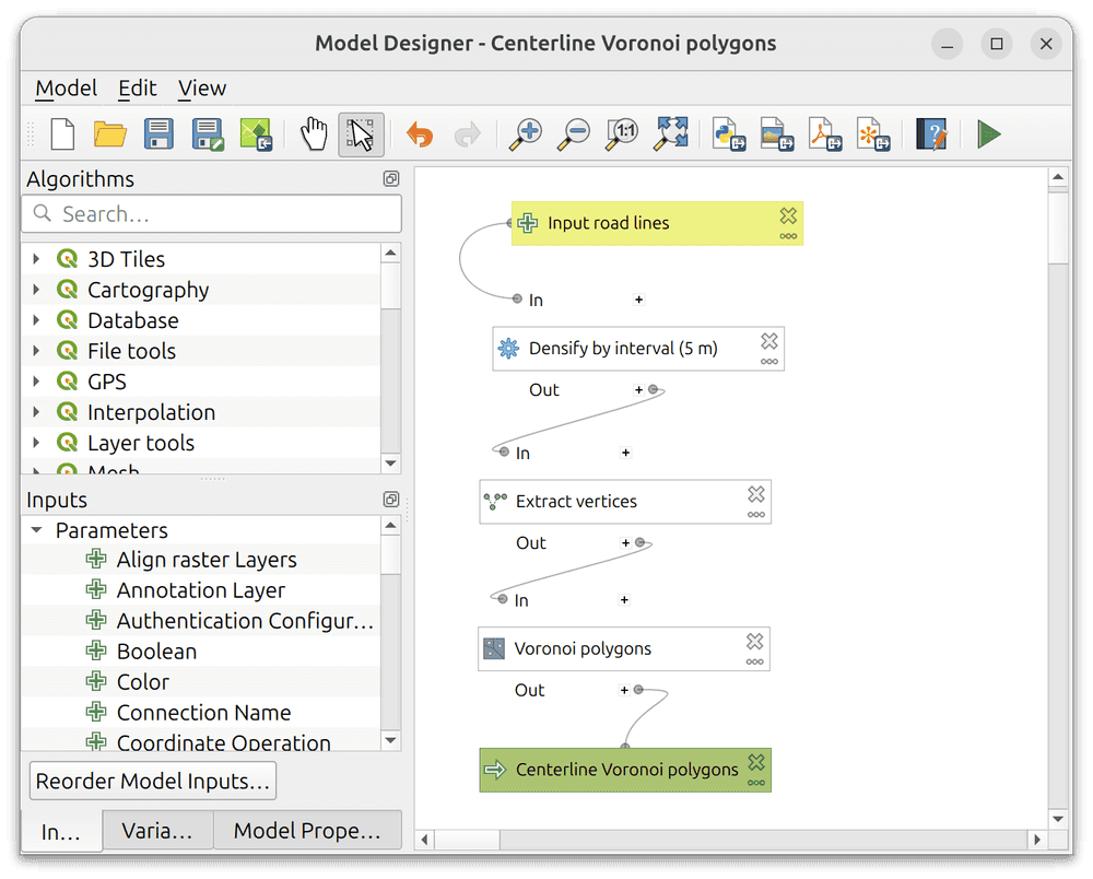 A screenshot of the QGIS model builder.