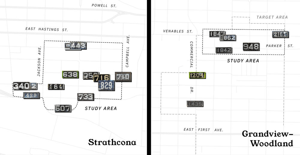 Map of 20 old house numbers in Vancouver.