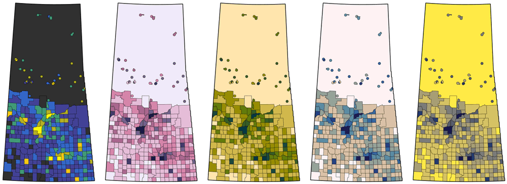 Comparison of five different map colour schemes.