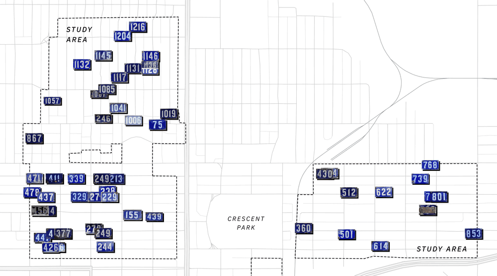 Map of old house number plates in Moose Jaw.