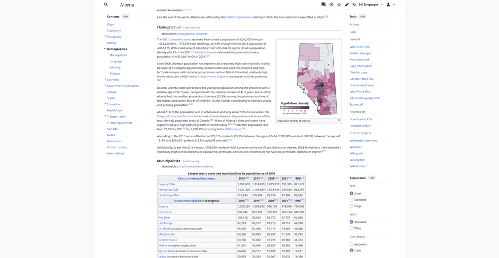 A screenshot of Alberta's Wikipedia article.