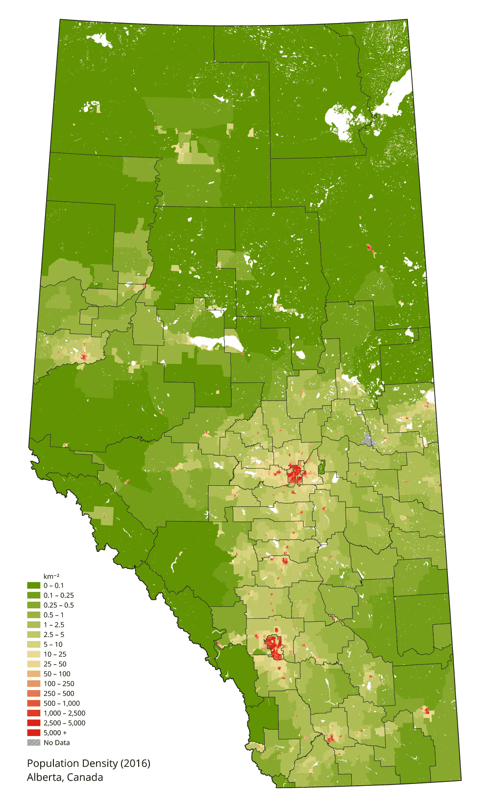 A 2016 population density map of Alberta.