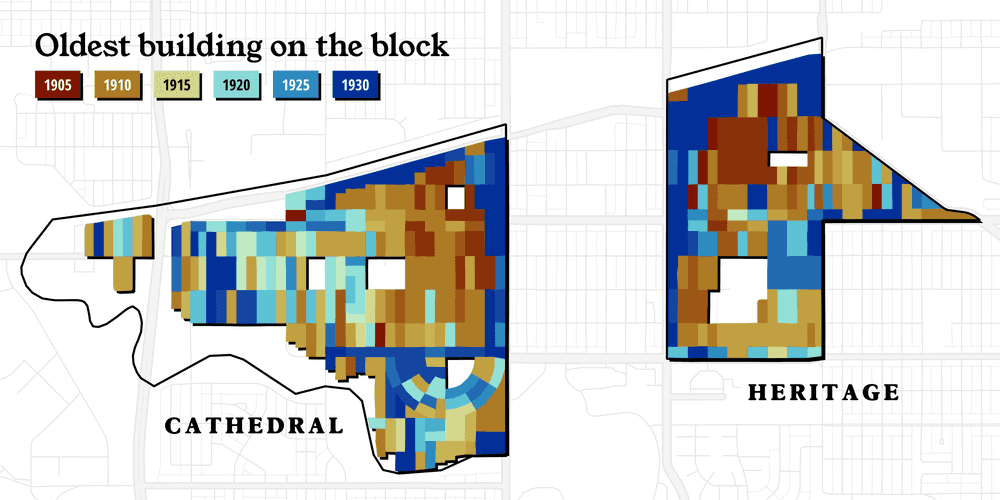 A map showing the oldest building on each block in Cathedral and Heritage, Regina.