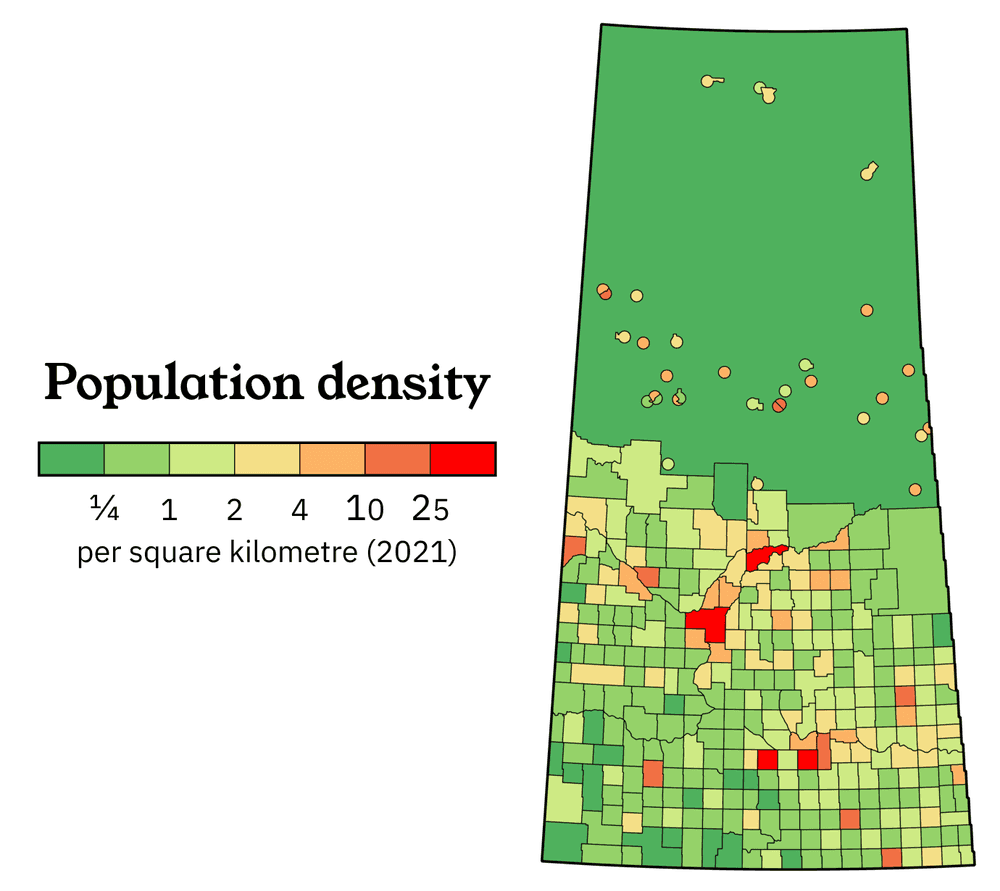 Map showing a simple overview of the population density of Saskatchewan.