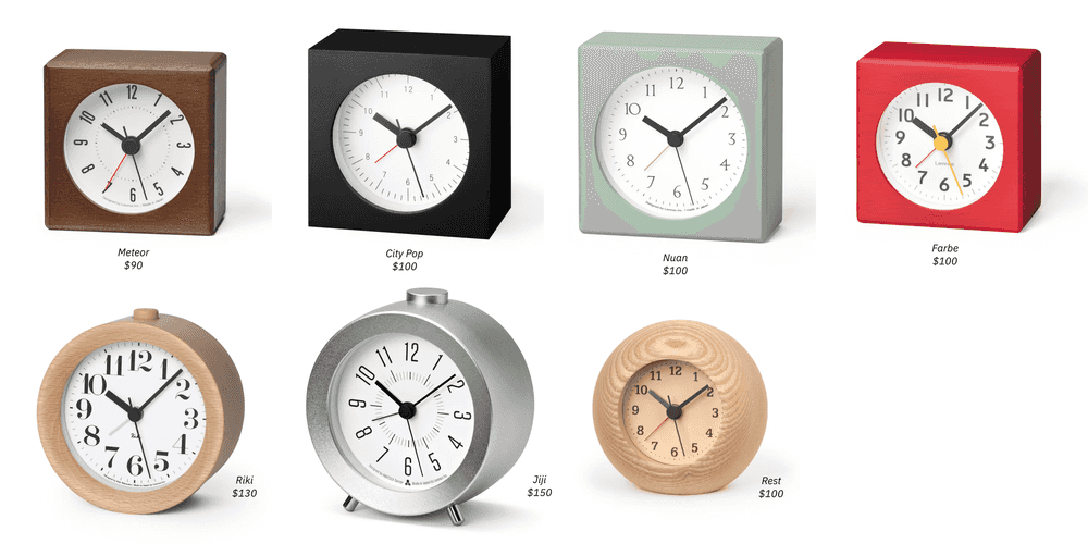 The current Lemnos lineup of seven alarm clocks.