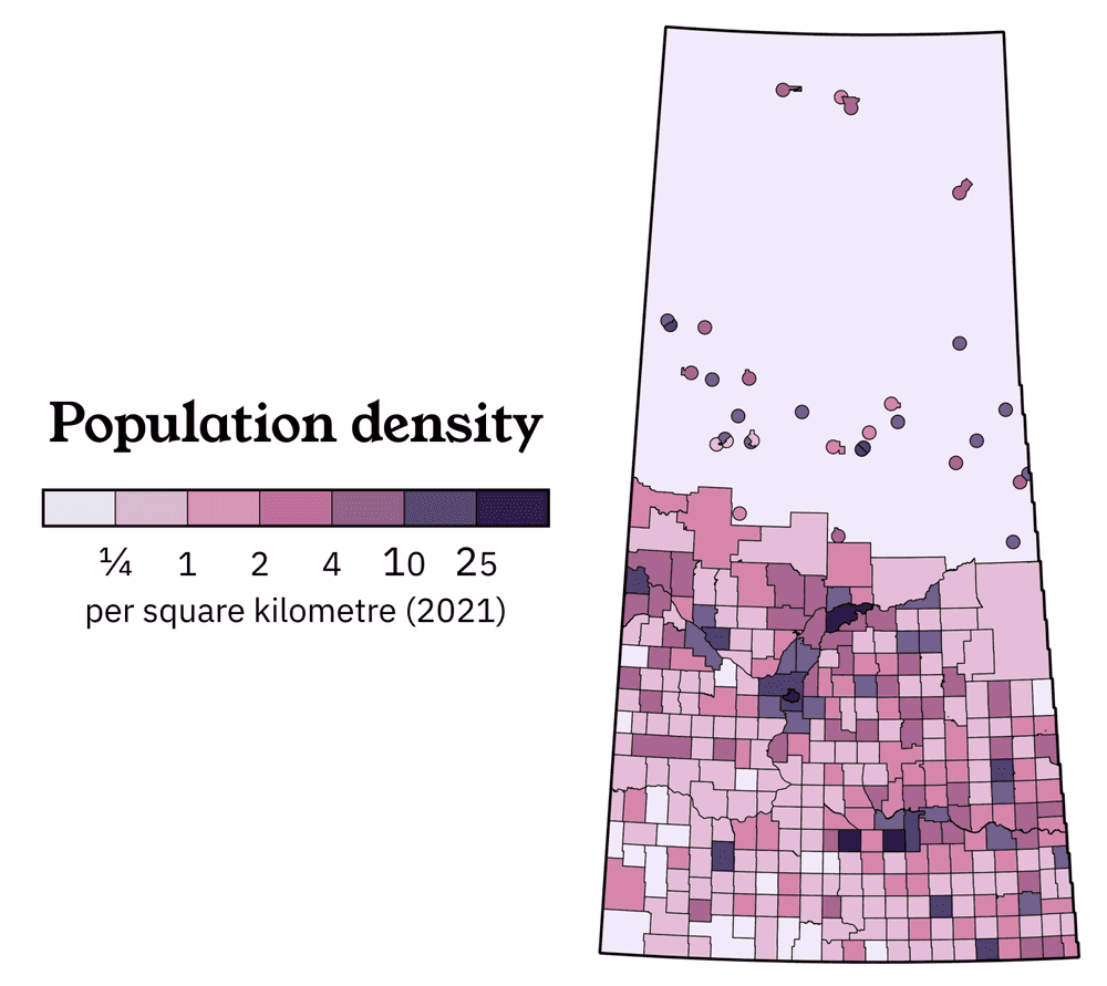 Map showing a simple overview of the population density of Saskatchewan.