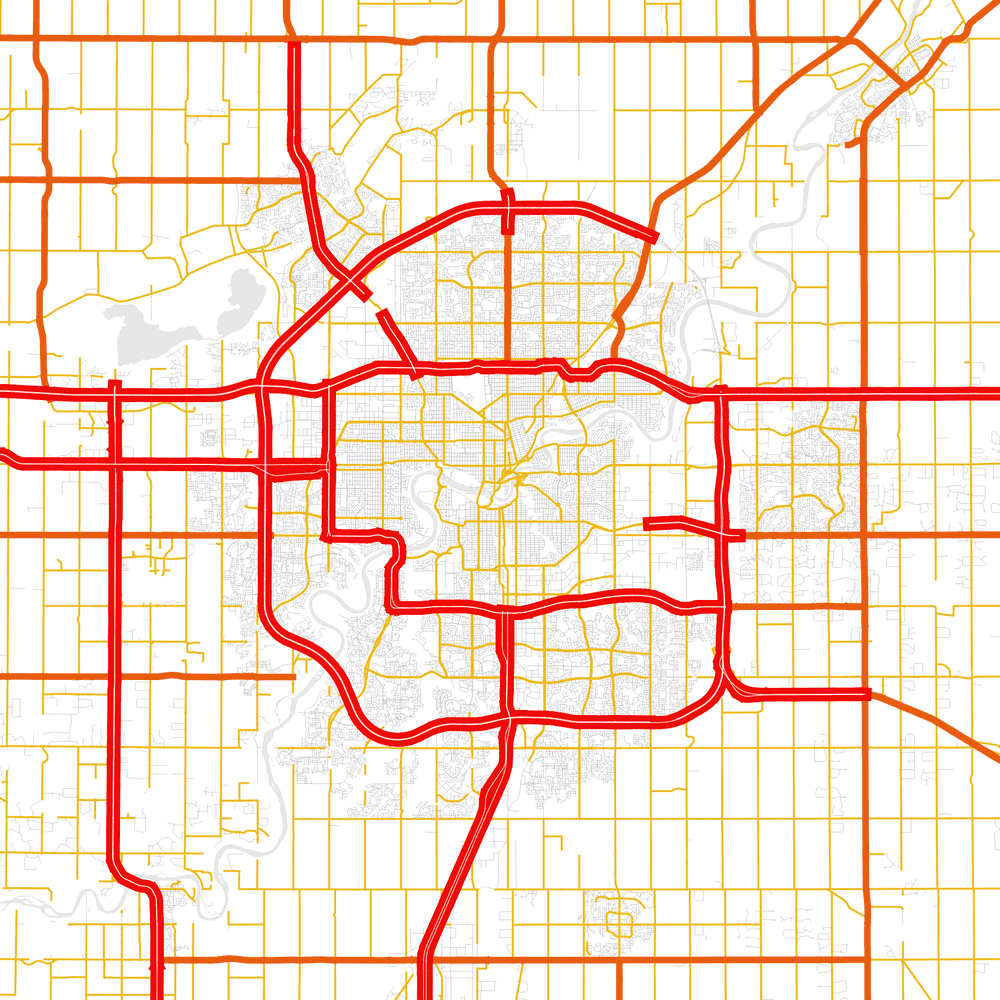 A map showing every road in Edmonton, sorted by class.