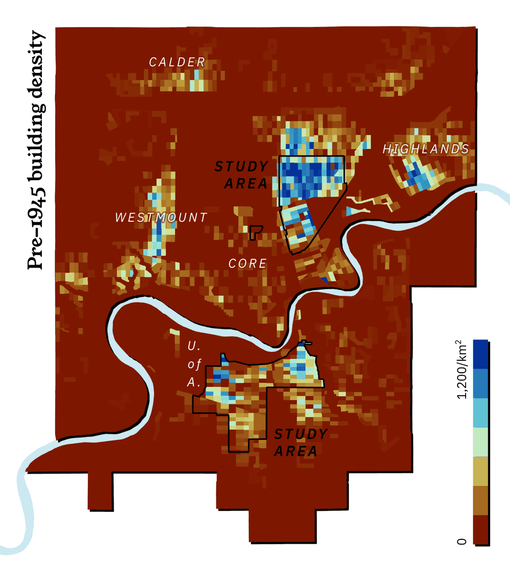 A map of buildings in Edmonton constructed before 1945.