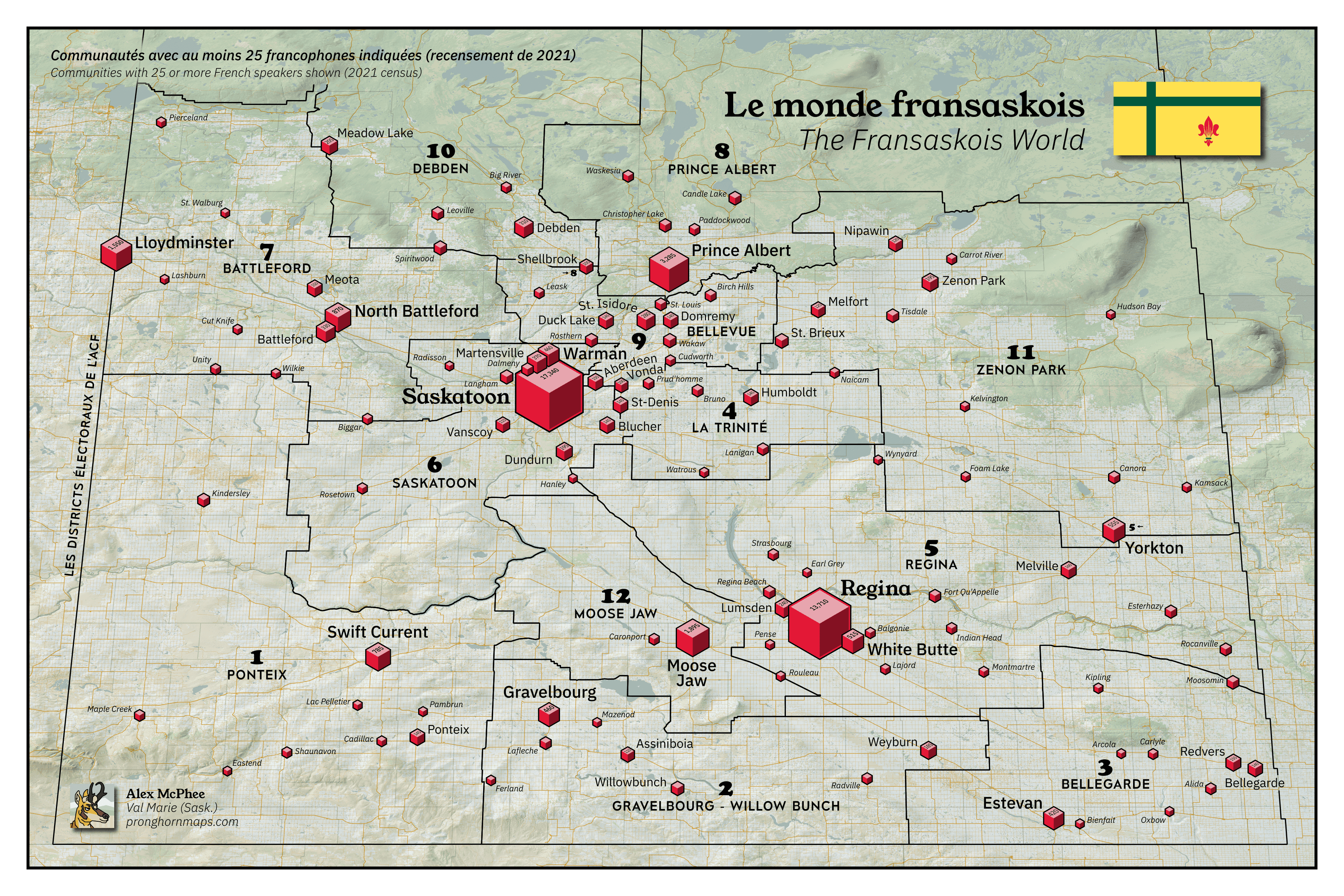A vibrant map of Saskatchewan's francophone population. Accurate to 2021.